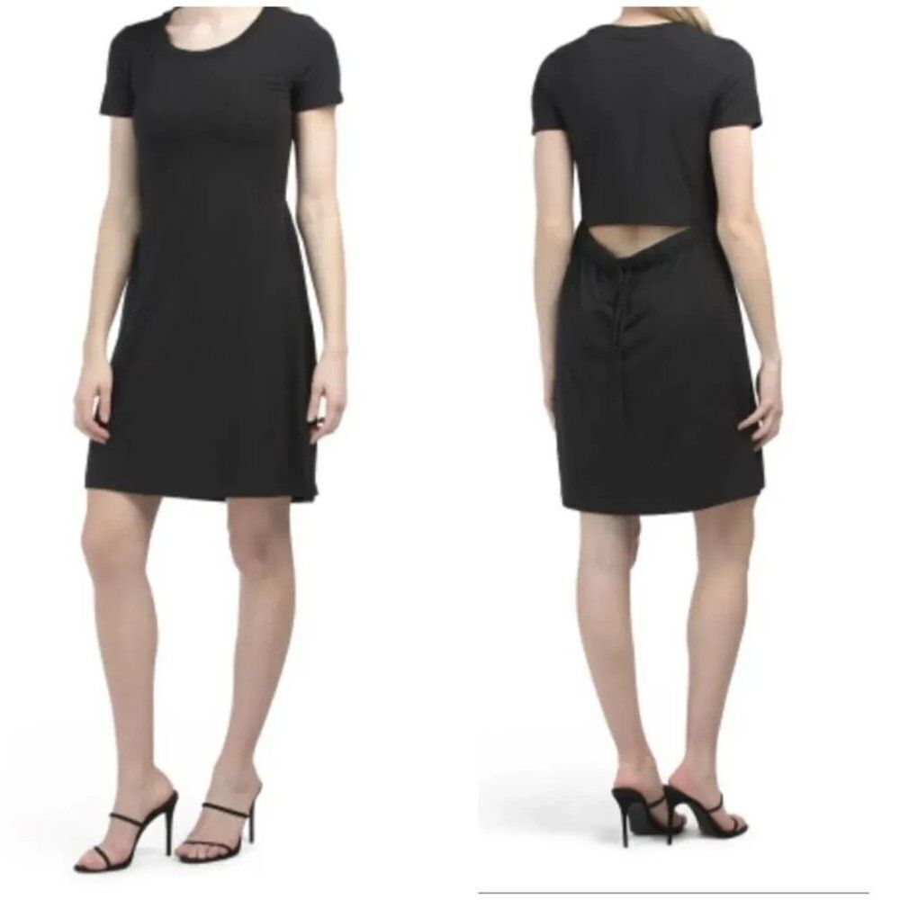 Theory Liliana S Ranmire Open Back Short Sleeve Knit Dress Black Womens Size S S